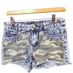 Forever 21 Blue Acid Wash Denim Shorts with Green Camo Panels